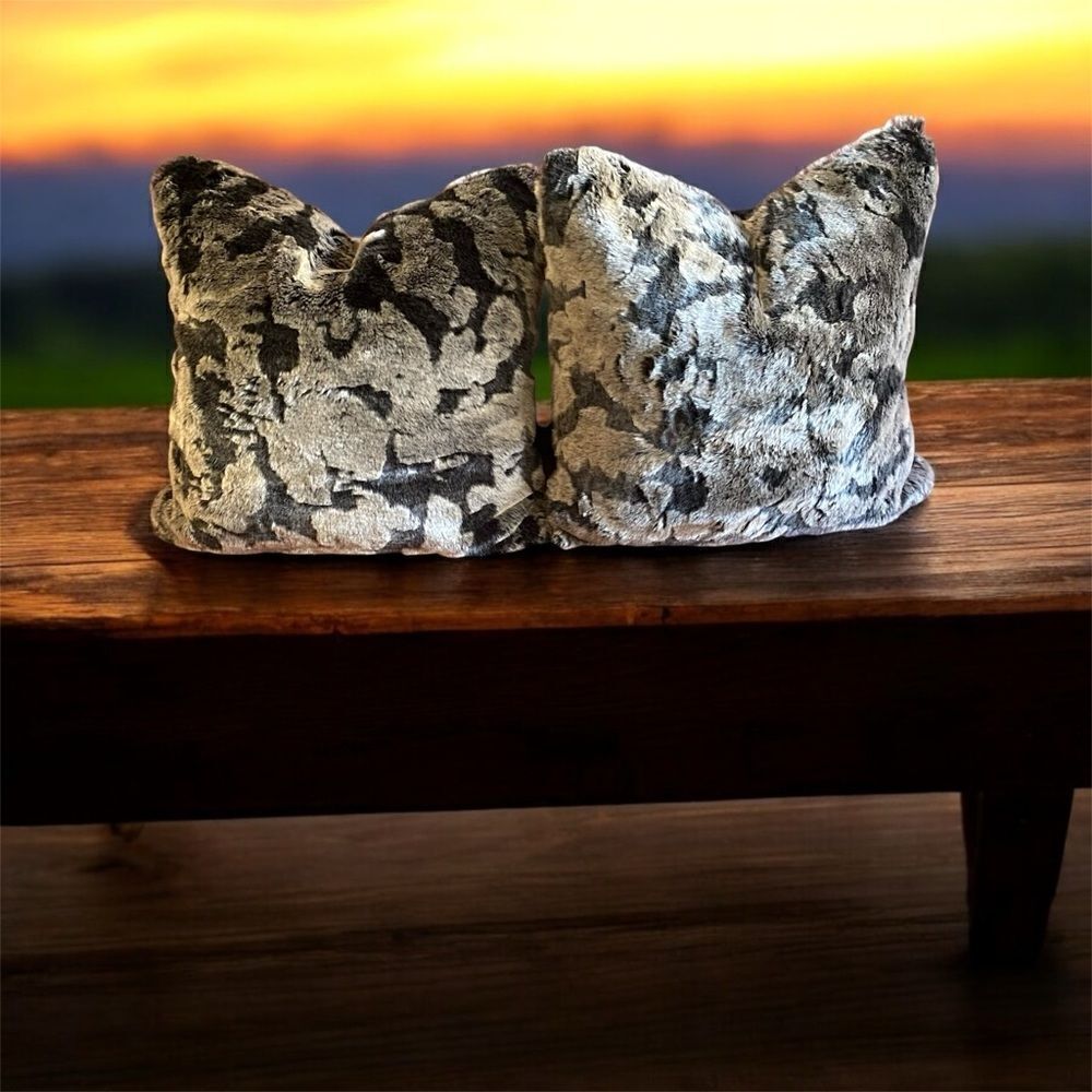 Two (2) Aviva Stanoff Black/Brown Faux Fur Luxury Designer Pillows New Cabin